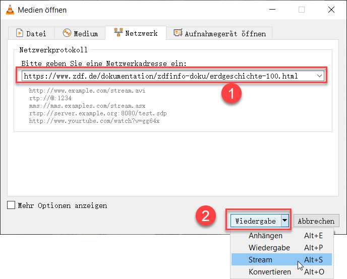 URL eingeben und Stream auswählen