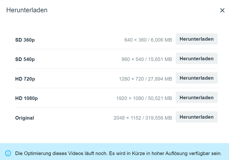 Vimeo Audgabeformat auswählen