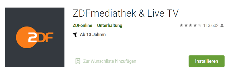 ZDFmediathek in Android App Store