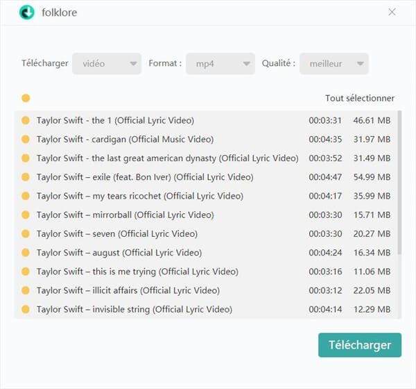 Sélectionner le format de sortie de la liste de lecture YouTube