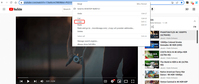 Copy Playlist URL of YouTube from Addressbar