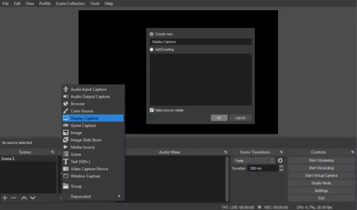 Choose Display Capture on OBS