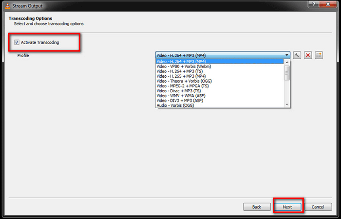 Set up the Output Format of VLC