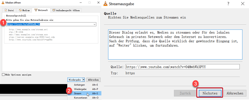 VLC Link einfügen und stream