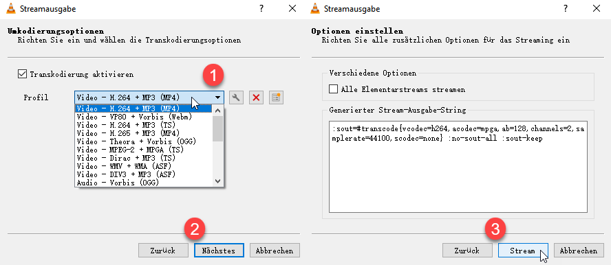 VLC Profil wählen und stream